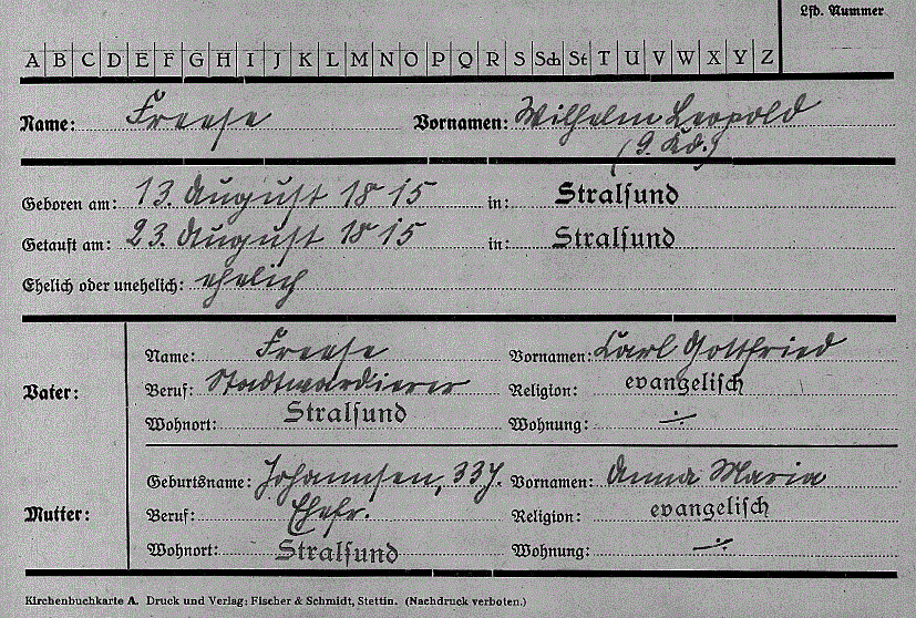 Karteikarte der Geburt von "Konrektor" Wilhelm Leopold Freese